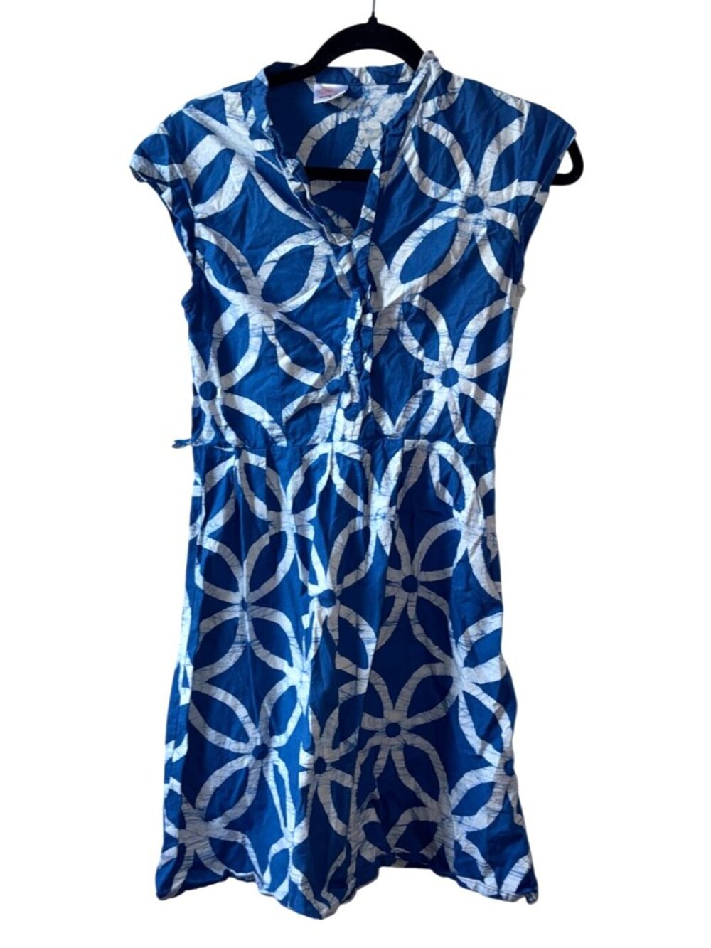 Global Mamas Blue & White Batik Cap Sleeve Dress Handmade In Ghana Small